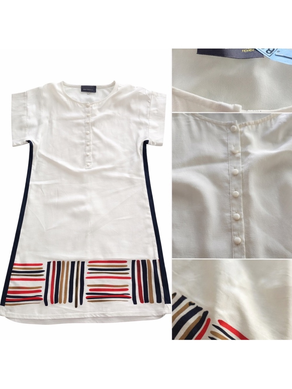 Fendi White Midi Dress with Navy, Red and Tan Stripe Detail